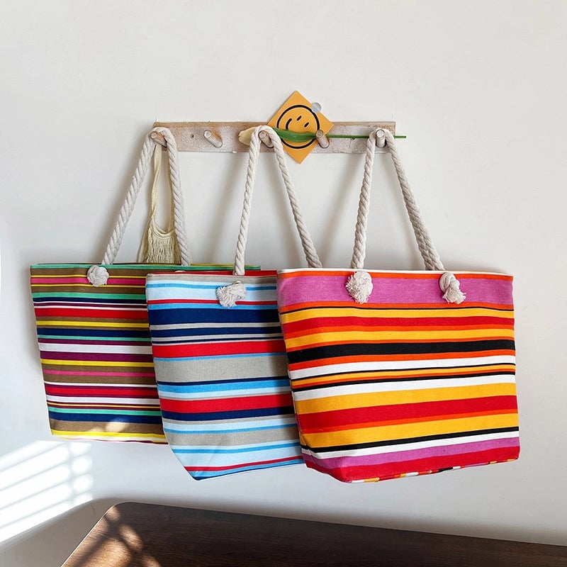 Women's Medium Canvas Geometric Stripe Streetwear Sewing Thread Square Zipper Tote Bag