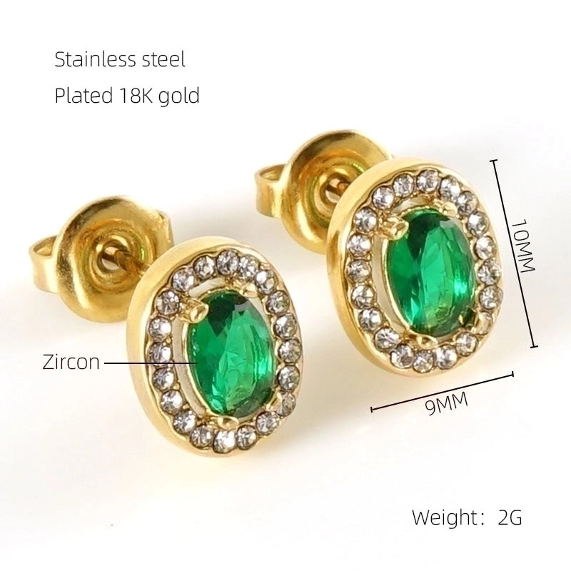 1 Pair Shiny Oval Inlay Stainless Steel Zircon 18K Gold Plated Ear Studs