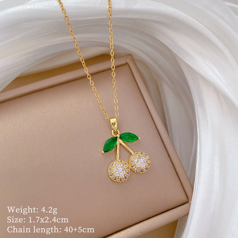 Green Leaf Cherry Necklace Earrings Set Micro-Inlaid Personalized Banquet Earrings And Necklace Combination