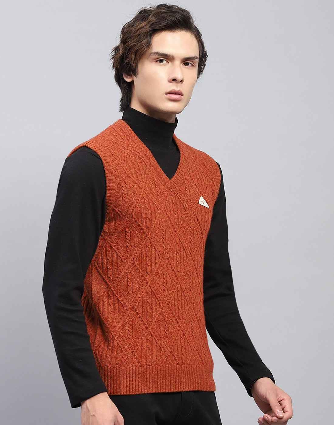 Men Rust Self Design V Neck Sleeveless Sweater