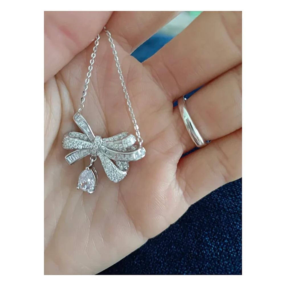 Bow knot water drop necklace 925 sterling silver light luxury diamond pendant collarbone chain