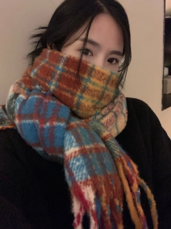 Autumn And Winter Rainbow Plaid Artificial Cashmere Scarf Female Student Couple Mohair Warm Scarf Long Shawl