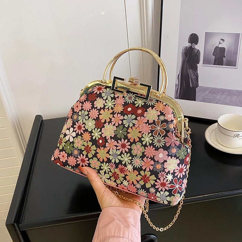 Women's Medium Nylon Ditsy Floral Vintage Style Classic Style Clasp Frame Handbag