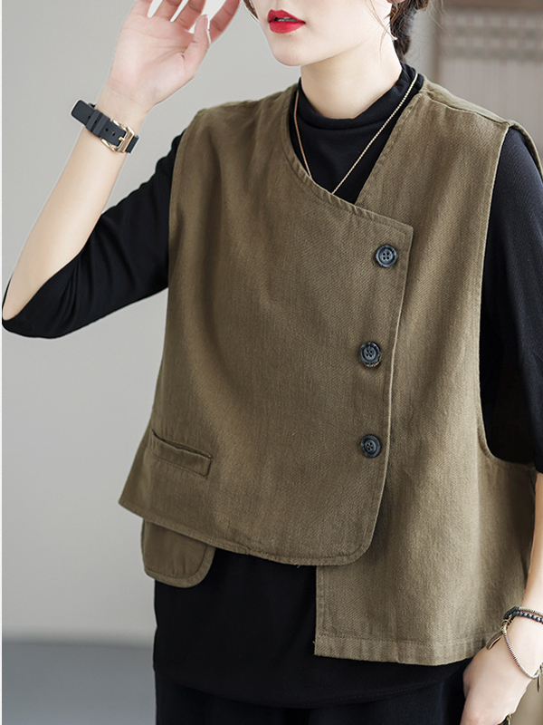 Vintage Asymmetric Solid Color Buttoned Vest Top
