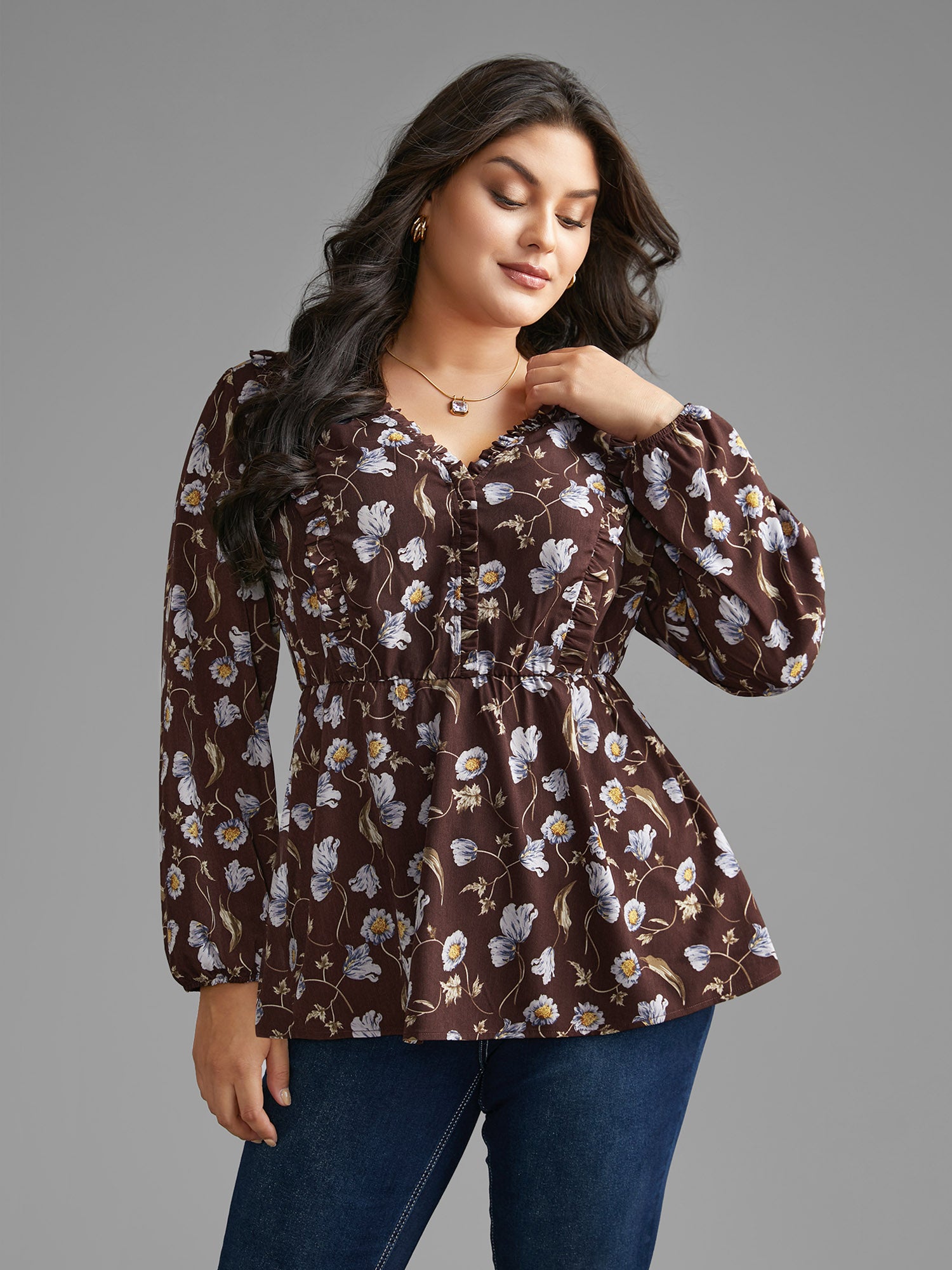 Floral Lantern Sleeve Frill Trim Blouse