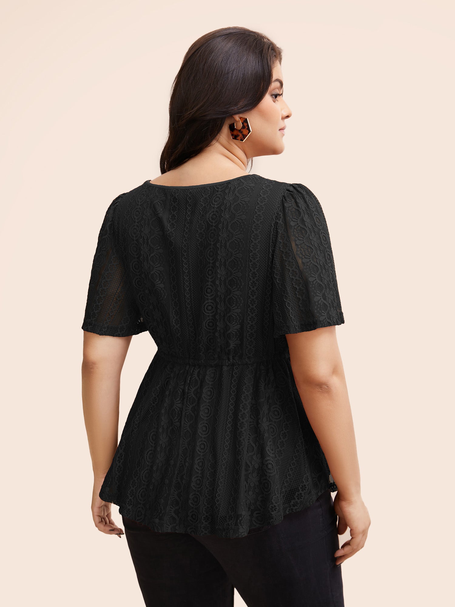 V Neck Lace Panel Drawstring Blouse