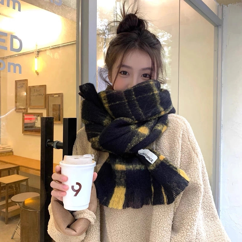 Gradient Horizontal Plaid Couple Scarf Mohair Scarf Winter Warm Thickened Lengthened Trendy White Scarf