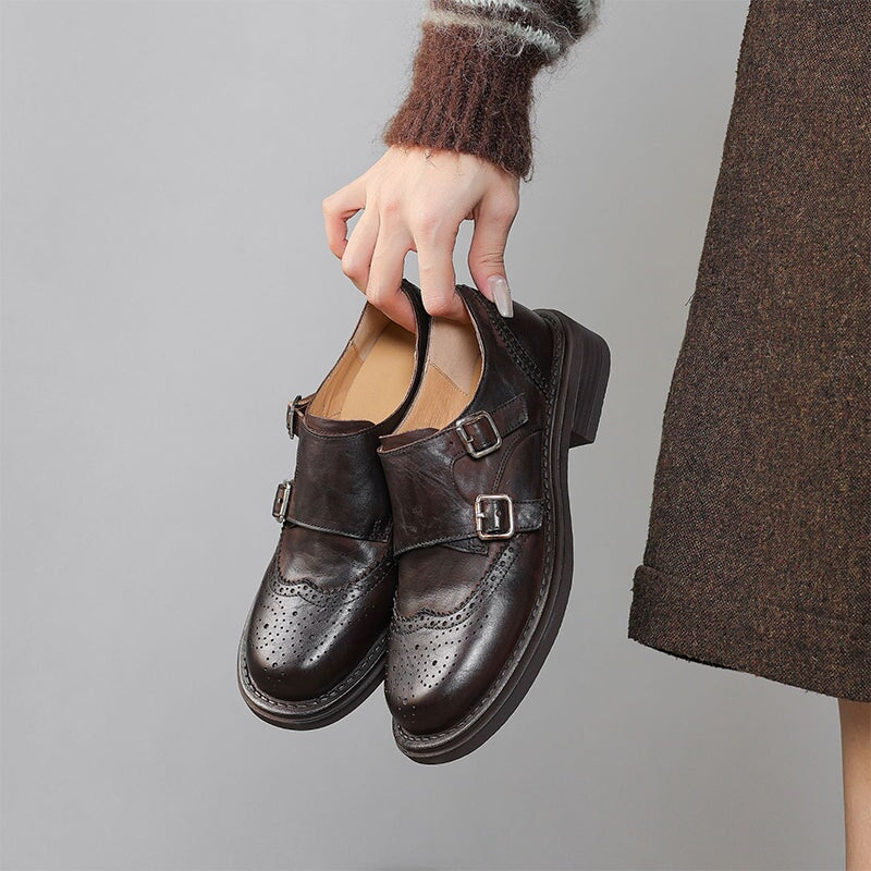 Handmade Leather Double Strap Brogues Loafers For Women in Brown/Black