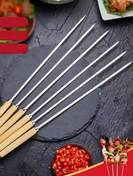 (Pack of 6) 29cm Reusable Flat Barbecue Stainless Steel Skewers Set with Wooden Handle