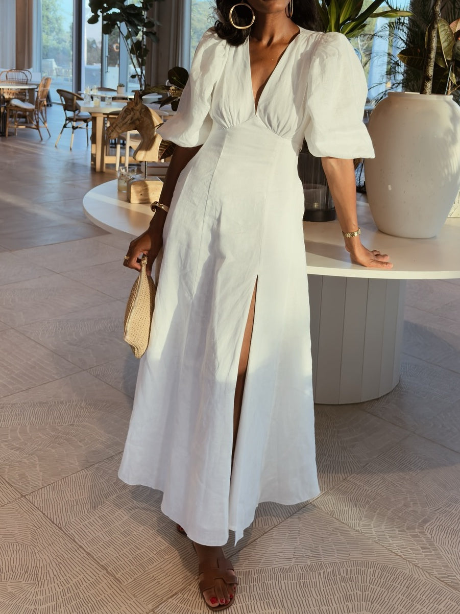 Puff Sleeve Pleated Waist Maxi Dress