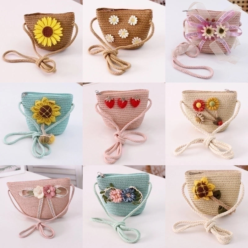 Girl's Straw Flower Strawberry Bow Knot Cute Bucket Zipper Crossbody Bag