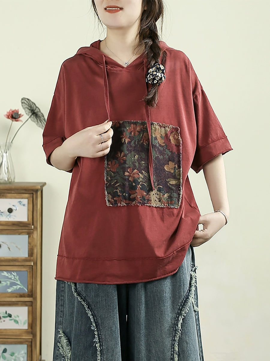 Women Summer Retro Flower Patch 100%Cotton Hooded Shirt