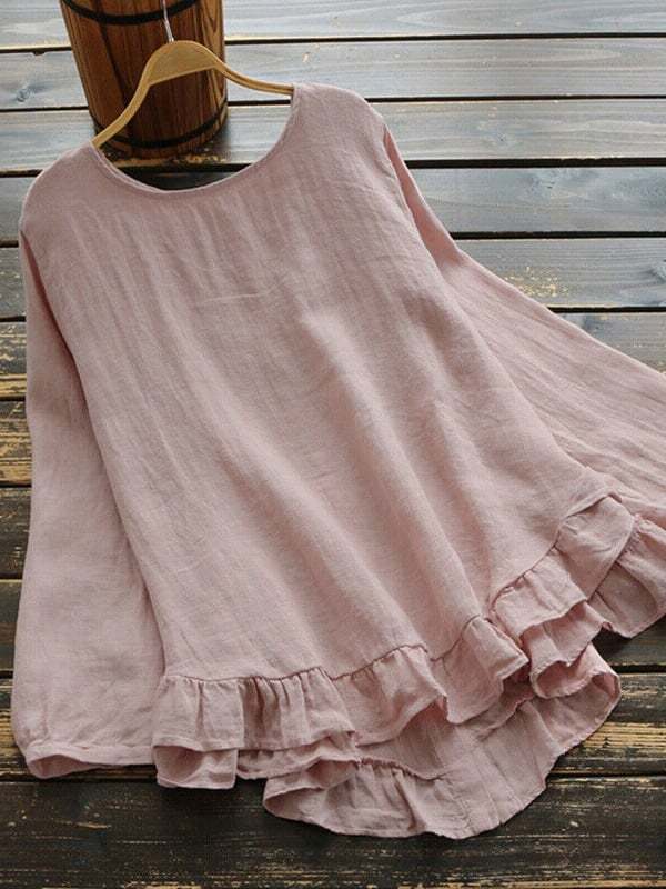 Women's Cotton Linen Solid Color Round Neck Long Sleeve Irregular Hem Shirt