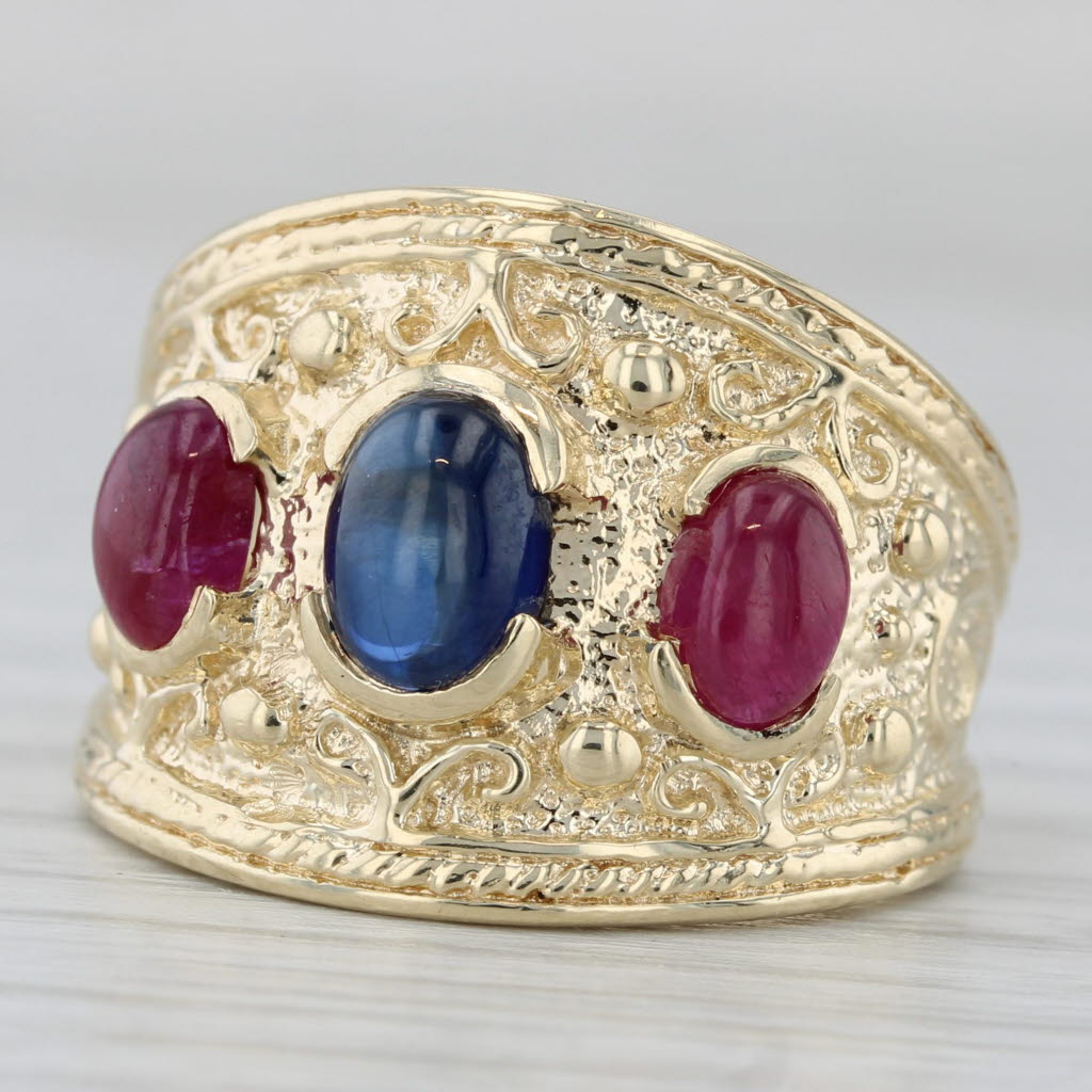 Blue Sapphire Ruby Ring 14k Yellow Gold Size 7 Orange 3-Stone