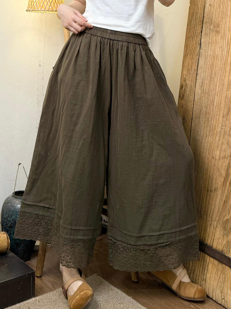 Women Summer Artsy Lace Hem Cotton Wide-leg Pants