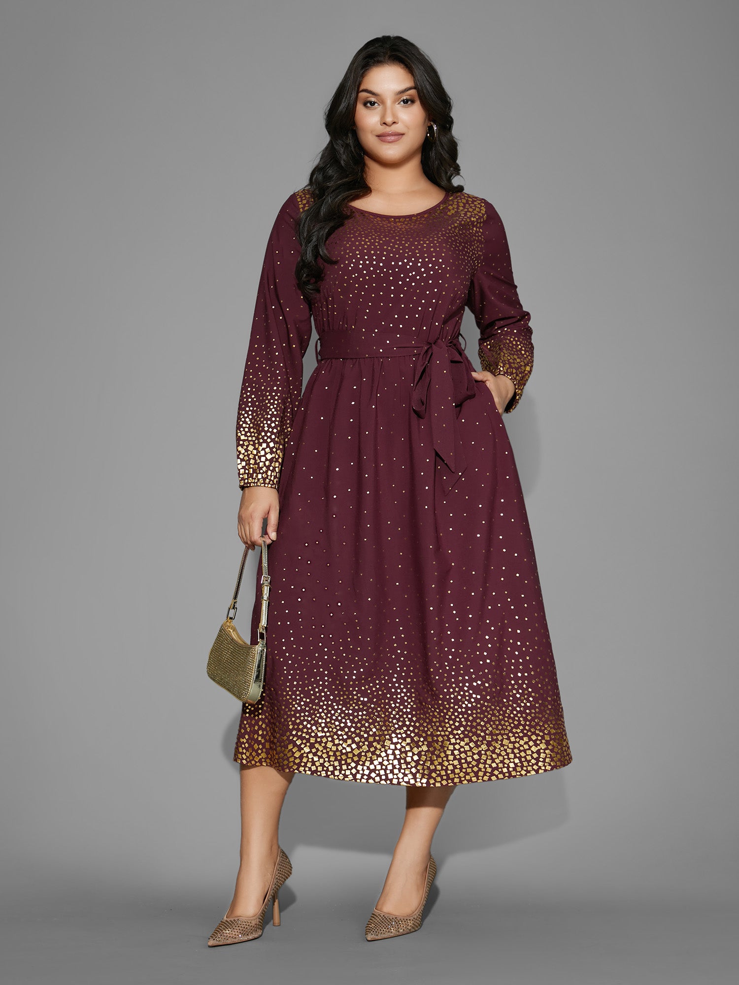 Glitter Round Neck Belted Lantern Sleeve Dress