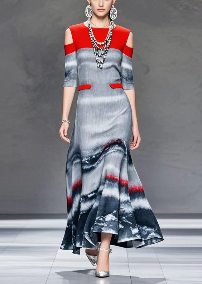 French Grey Cold Shoulder Patchwork Tie Dye Cotton Maxi Dresses Spring