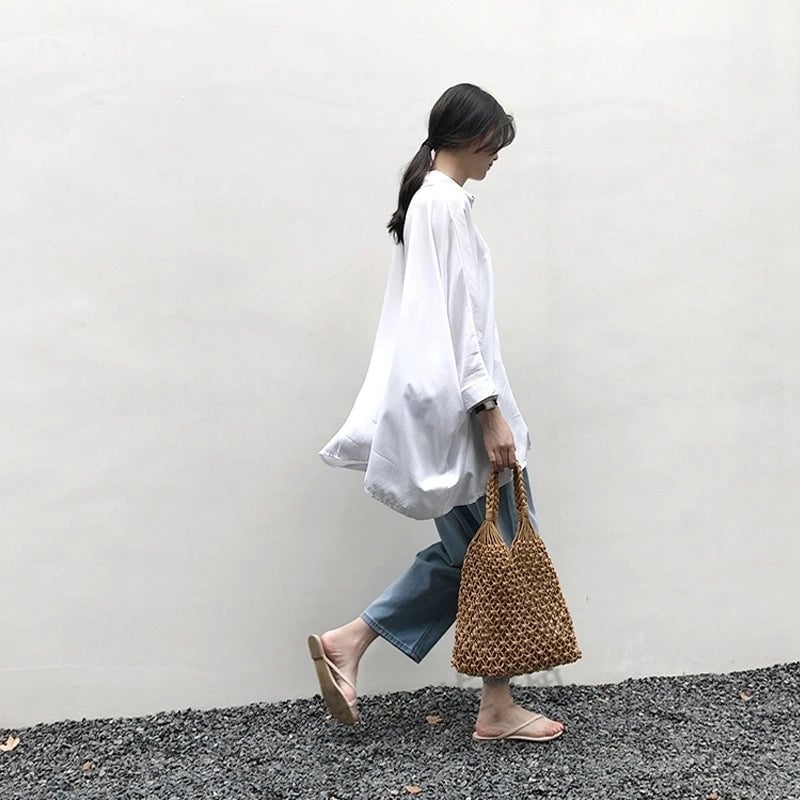 Women's Large Summer Cotton Thread Solid Color Vacation Beach Weave Hollow Open Handbag Beach Bag