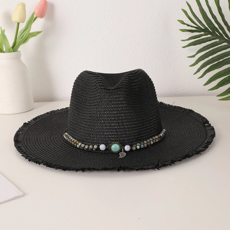 Women's Casual Vacation Beach Solid Color Beaded Big Eaves Straw Hat