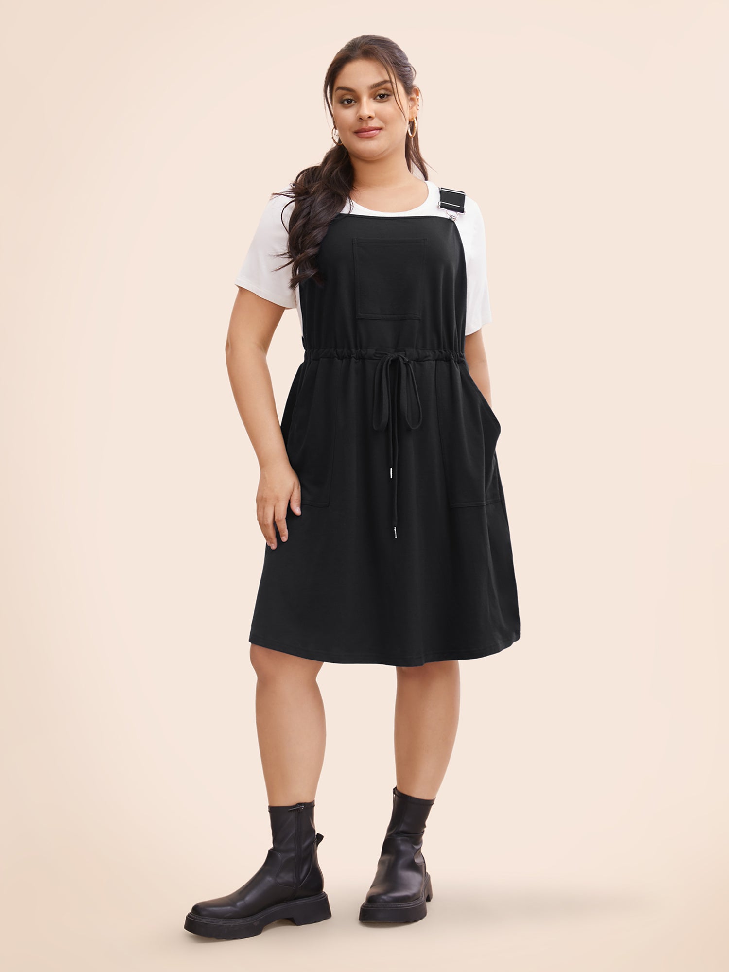 Plain Pocket Drawstring Overall Dress