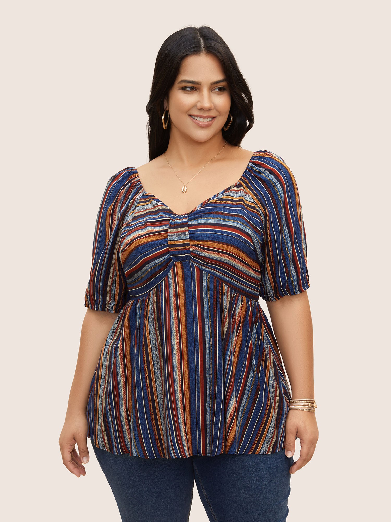 Striped Heart Neckline Lantern Sleeve Blouse