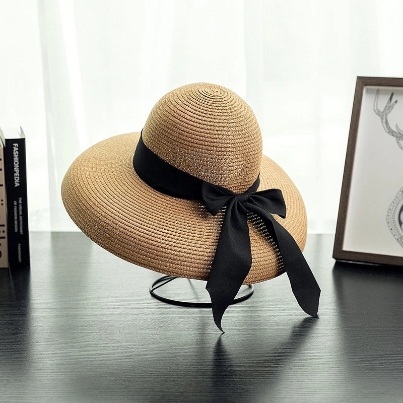 Women's Vacation Solid Color Bowknot Crimping Sun Hat
