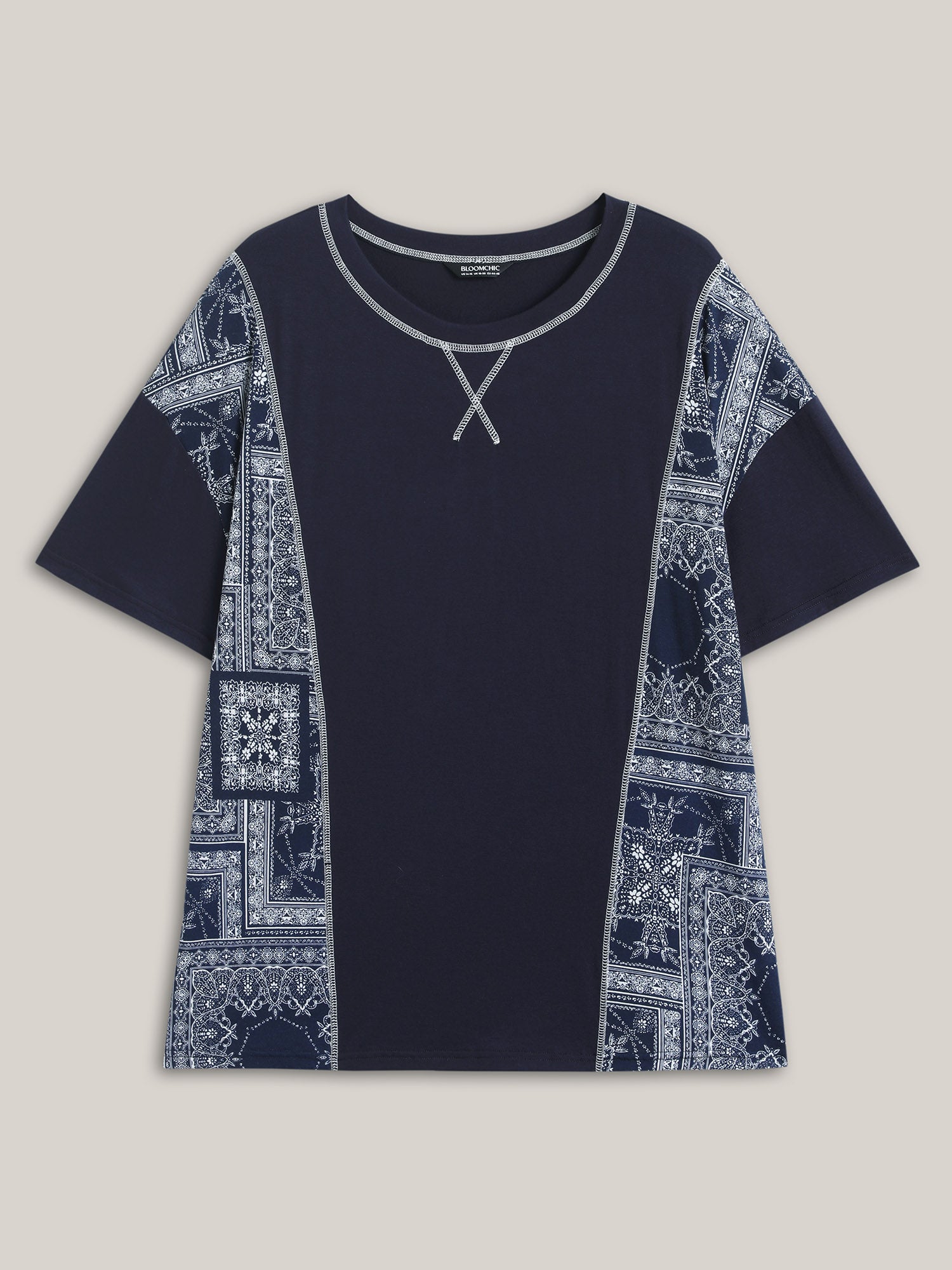 Geometric Print Spliced Solid T-Shirt