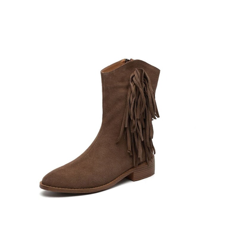 Women's Nubuck?Leather Mid Calf Tassels Boots With Side Zipper In Camel/Khaki