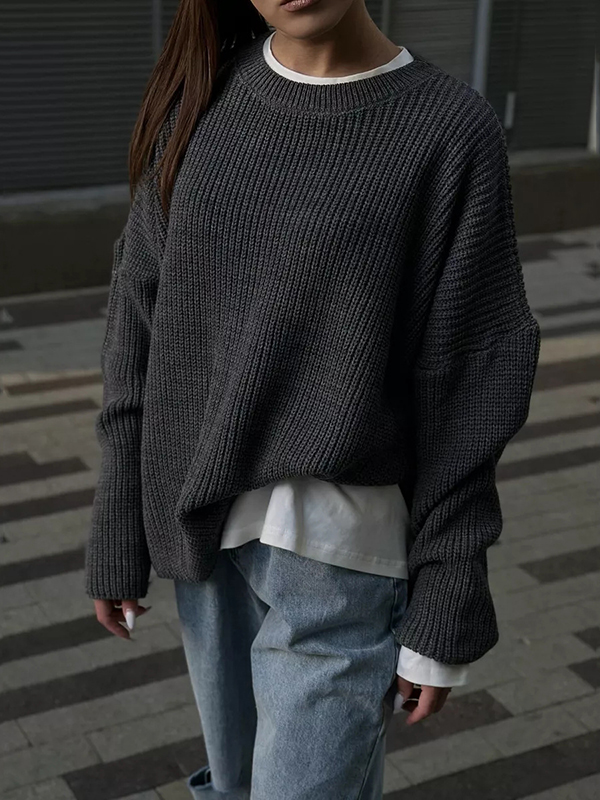 Long Sleeves Loose Solid Color Split-Joint Round-Neck Sweater Tops