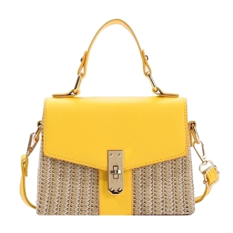 Women's Small Straw Color Block Vacation Beach Weave Square Lock Clasp Crossbody Bag Straw Bag