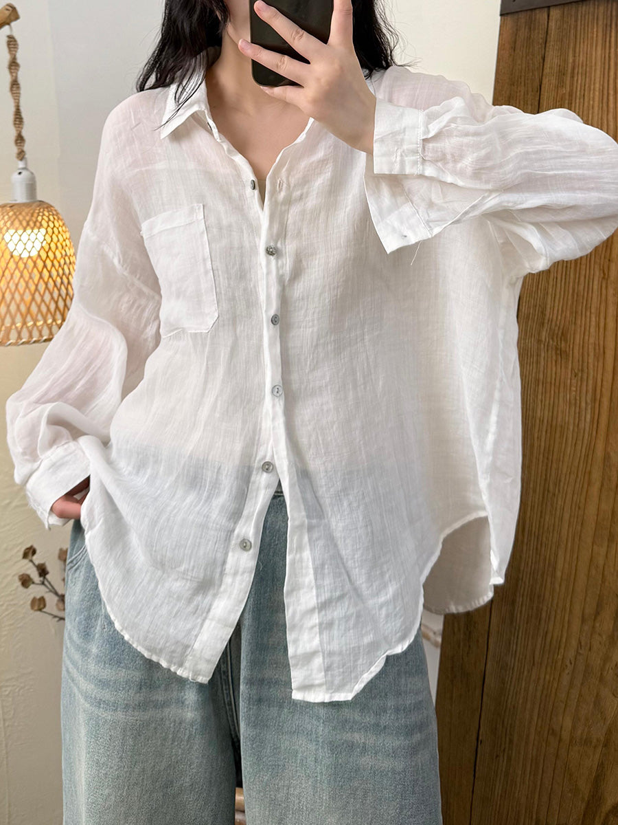 Women Summer Artsy Pure Color Ramie Turn-down Collar Shirt