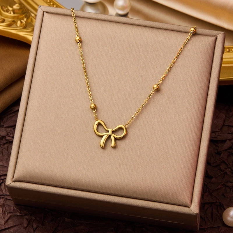Elegant Minimalist Geometric Flower Bow Knot Titanium Steel Plating Pendant Necklace