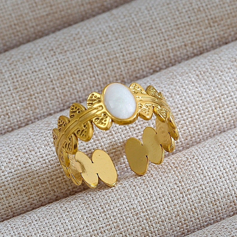 Rock Oversized Leaves Eye Flower 304 Stainless Steel Gem 18K Gold Plated Inlay Open Rings