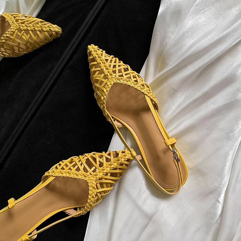 Women's Woven Pointed Toe Slingback Flat Sandals Breathable Summer Shoes in Green/Silver/Yellow/Gunmetal