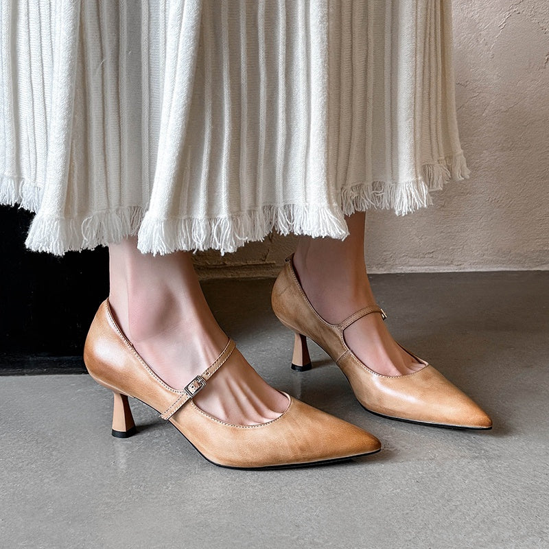Elegant Mary Jane Pumps Pointed Toe 65mm Stiletto Leather Heels for Evening Dresses in Black/Brown/Apricot