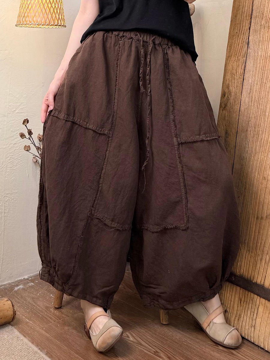 Women Summer Retro Pure Color Linen Spliced Bloomers