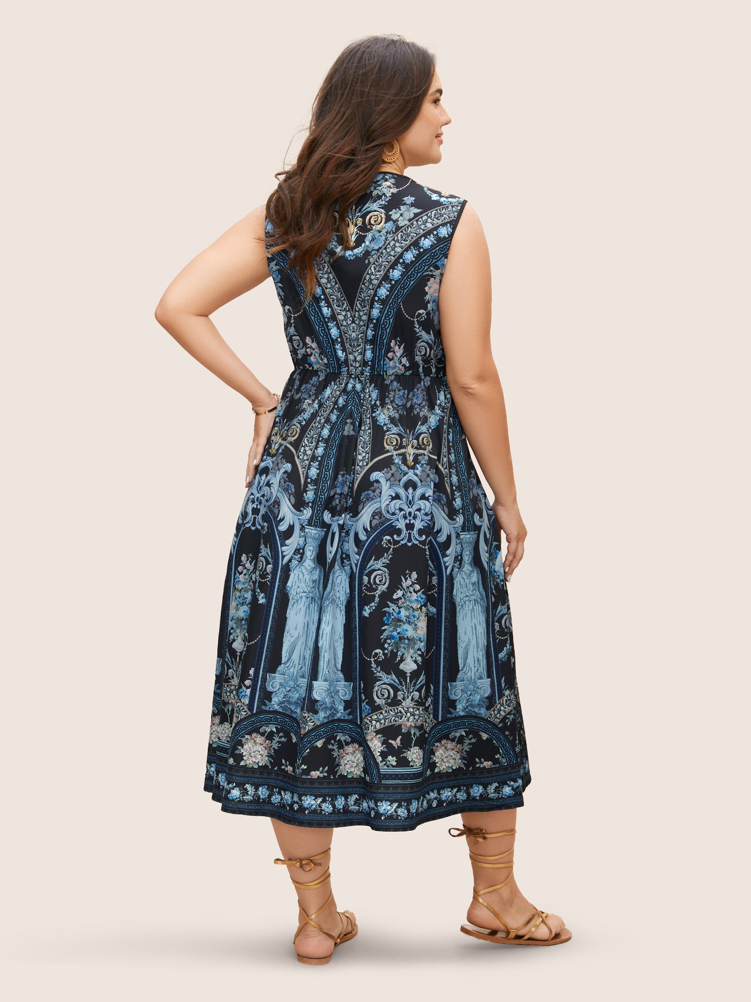 V Neck Boho Print Sleeveless Midi Dress