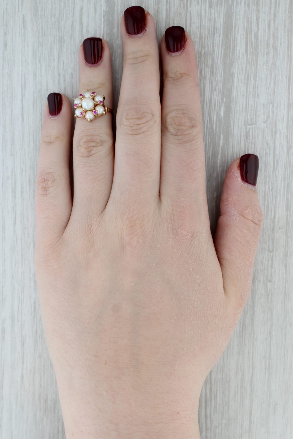 Cultured Pearl Lab Created Ruby Cluster Ring 14k Yellow Gold Size 5
