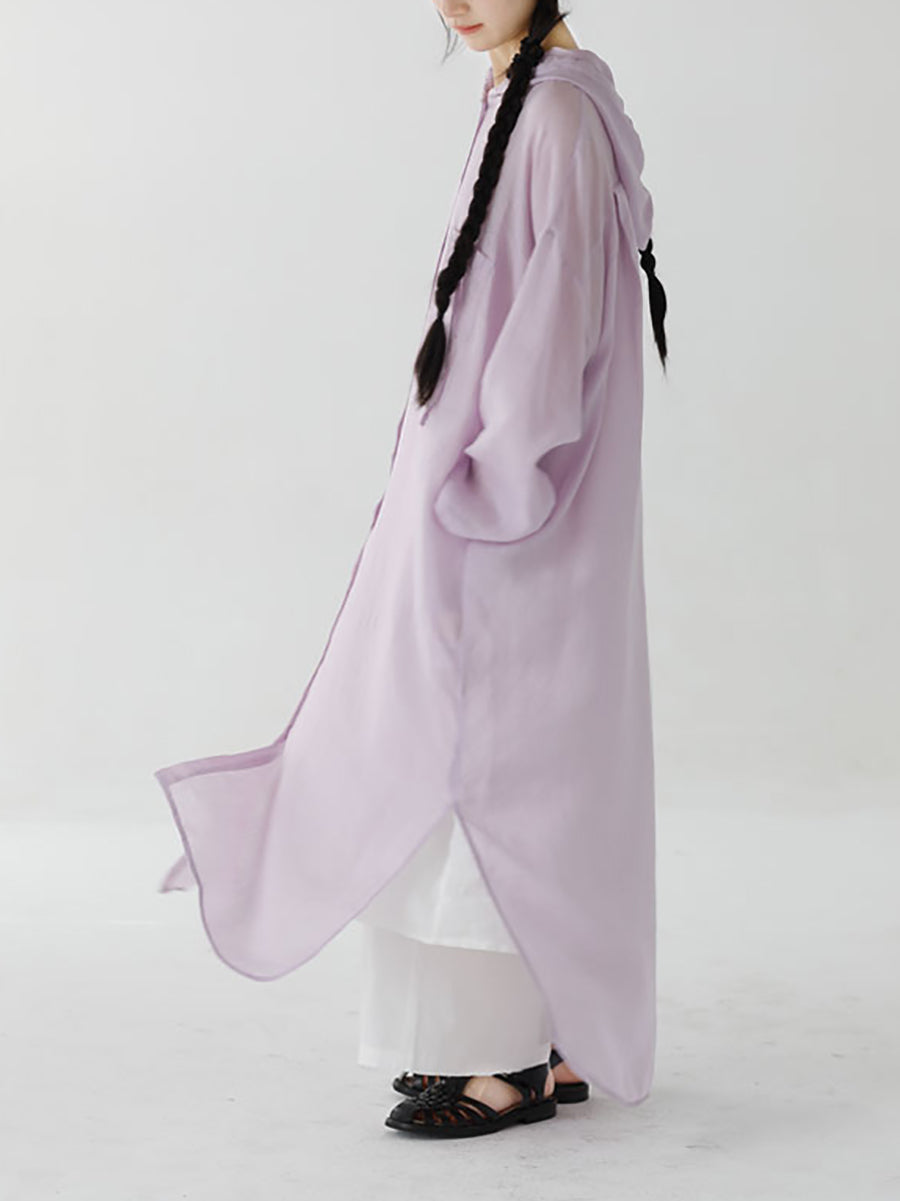 Women Summer Pure Color Hooded 100%Ramie Shirt Dress