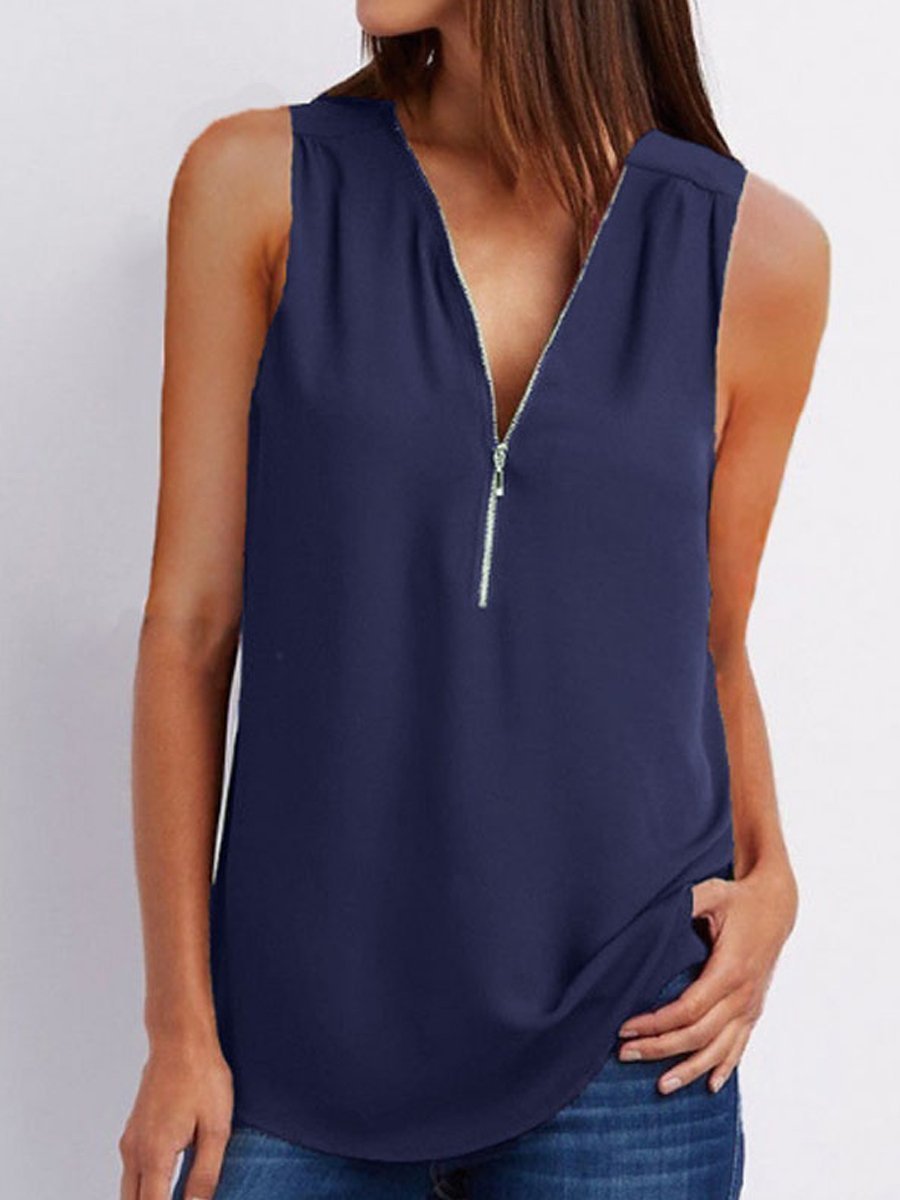 V-Neck  Zips  Plain  Sleeveless Tops