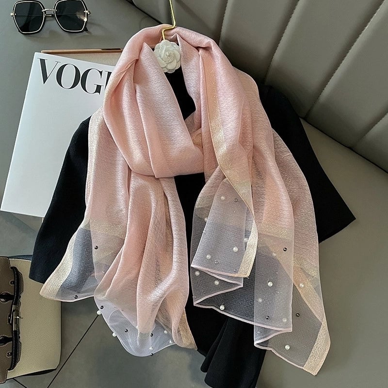 Women's Minimalist Color Block Satin Pearl Silk Scarf