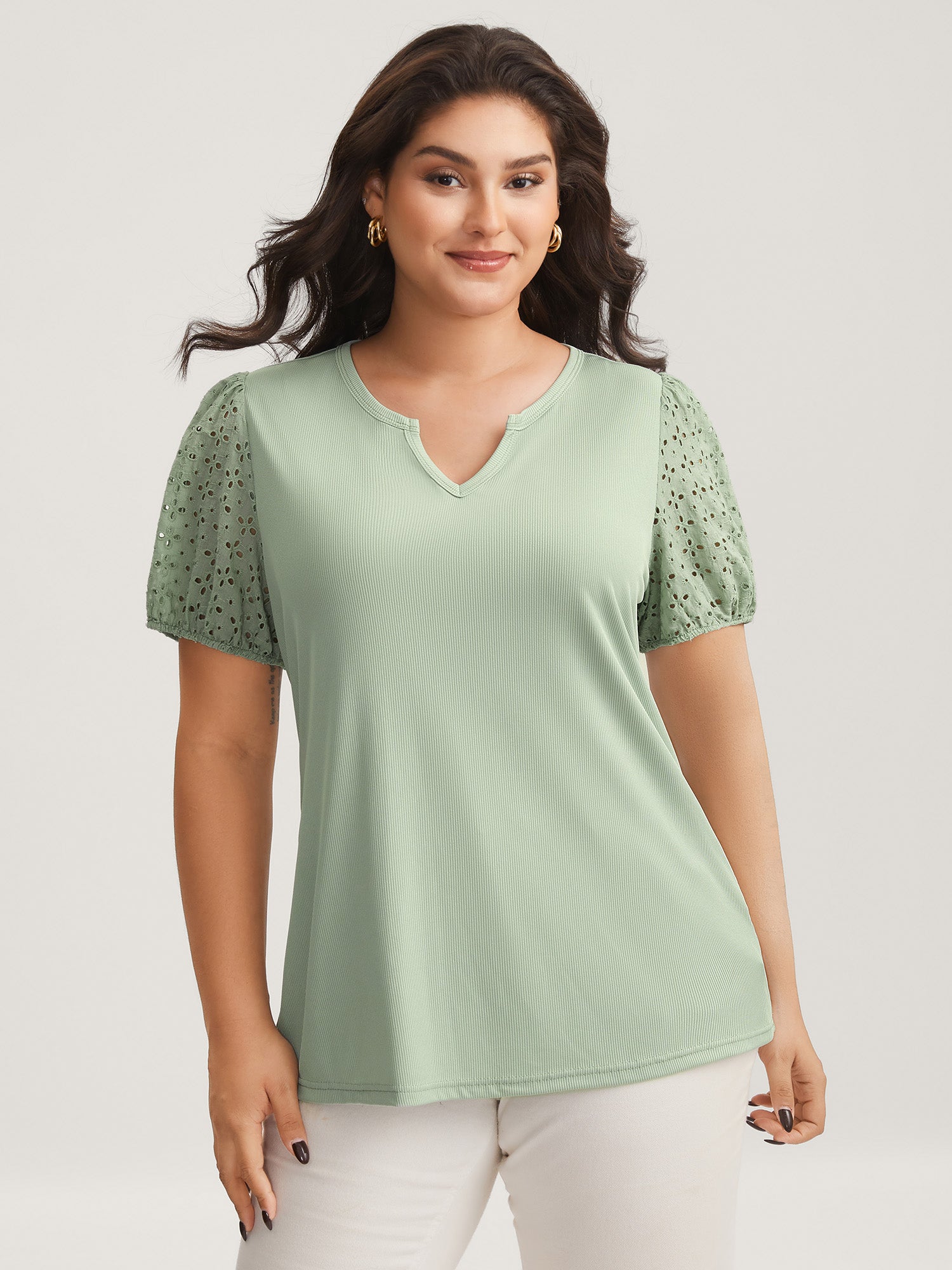 Eyelet Trim Solid Puffy Sleeve Knit Top