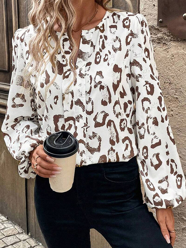 Long Sleeves Loose Contrast Color Elasticity Leopard V-Neck Blouses&Shirts Tops