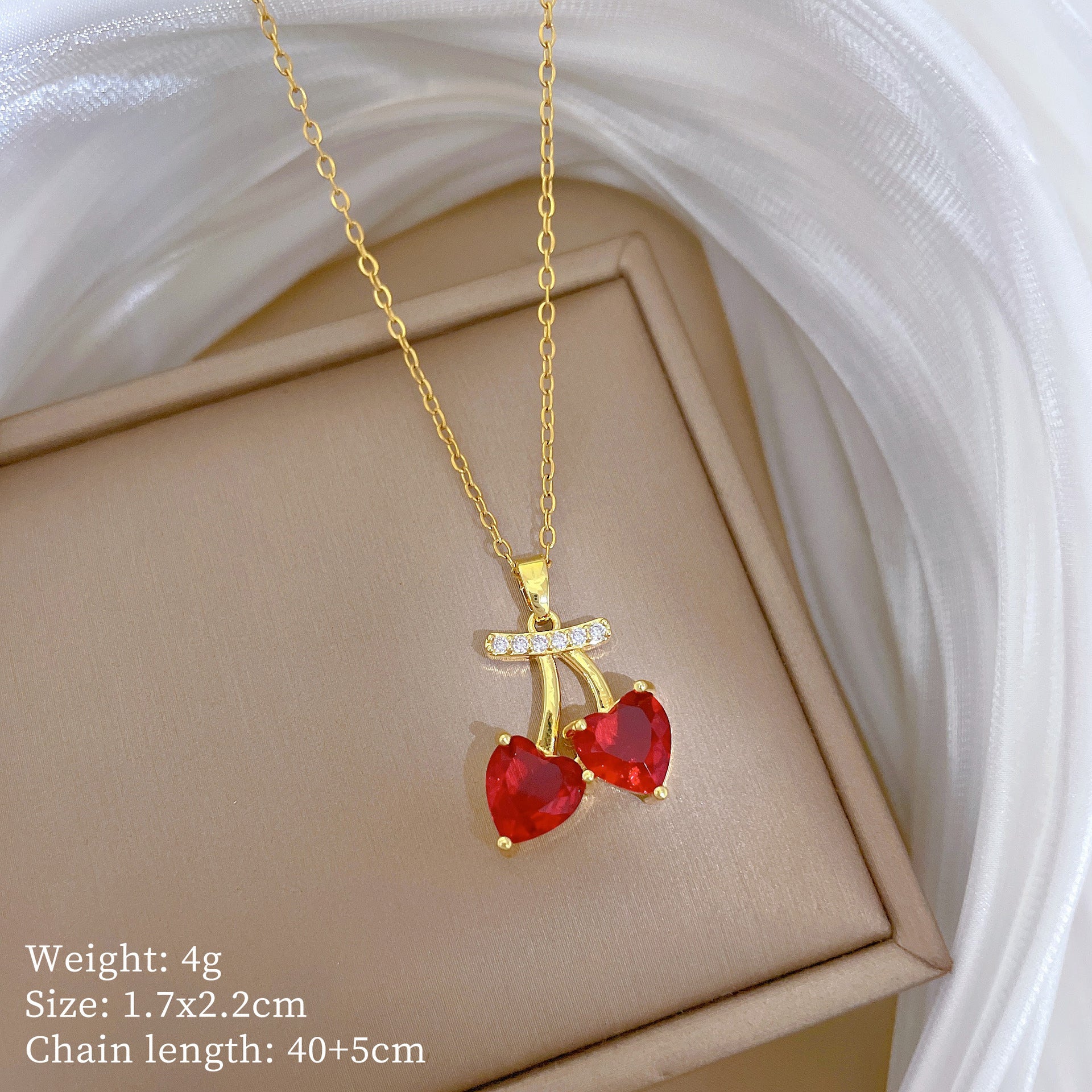 Fruit Red Cherry Fashion Gorgeous Full Diamond Necklace Women'S All-Match Clavicle Chain Titanium Steel