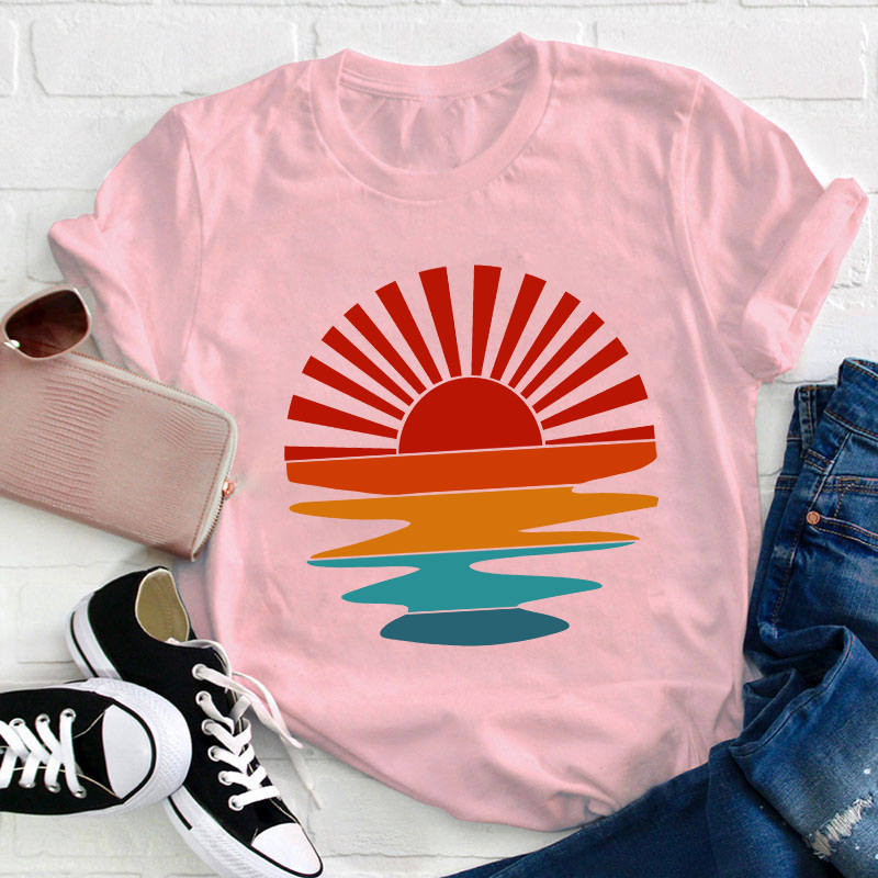 Retro Sunset Rays Wavy Teacher T-Shirt