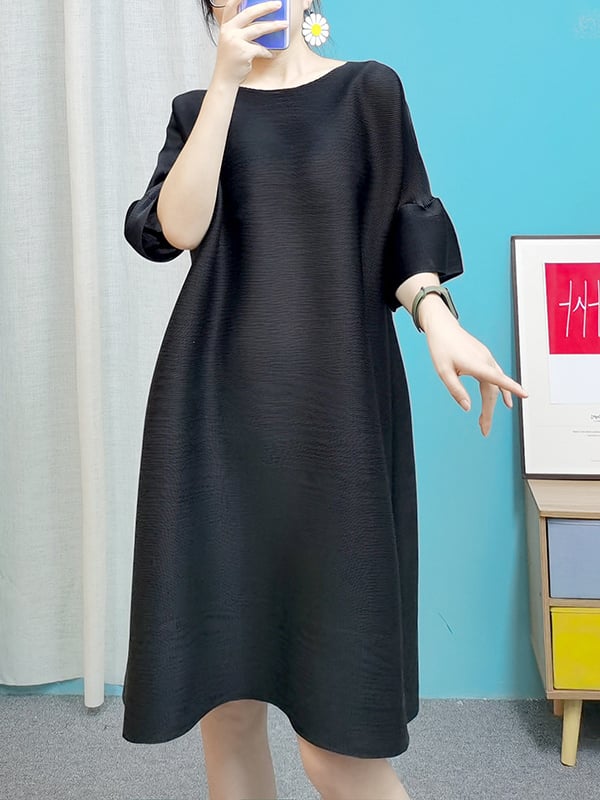 Stylish Selection Flared Sleeves A-Line Pleated Solid Color Round-Neck Midi Dresses