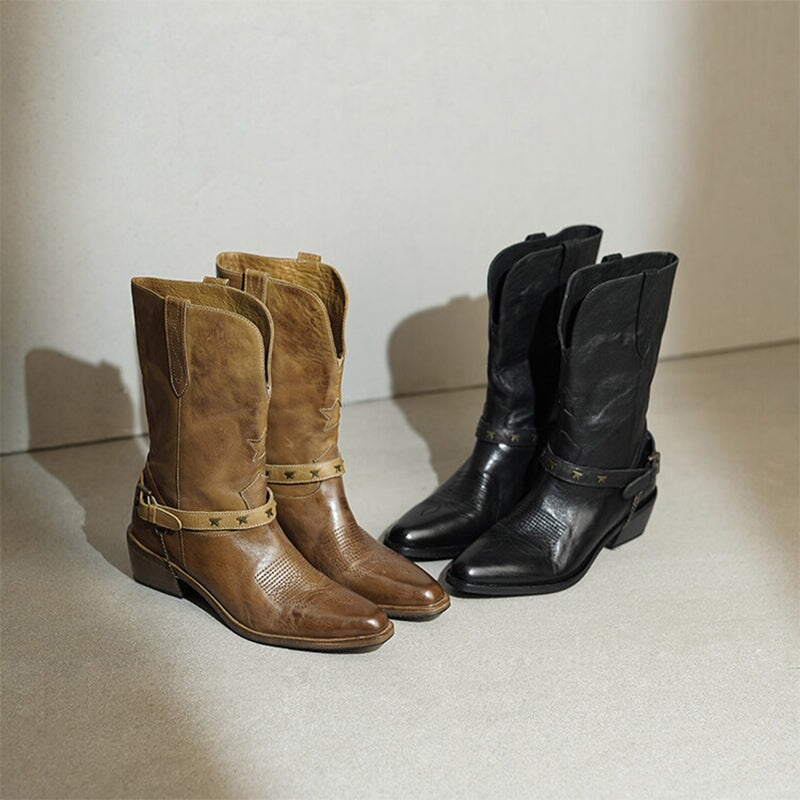Top Cow Leather Western Boots Mid Calf Boots Block Heel - Khaki/Black Cowgirl Boots