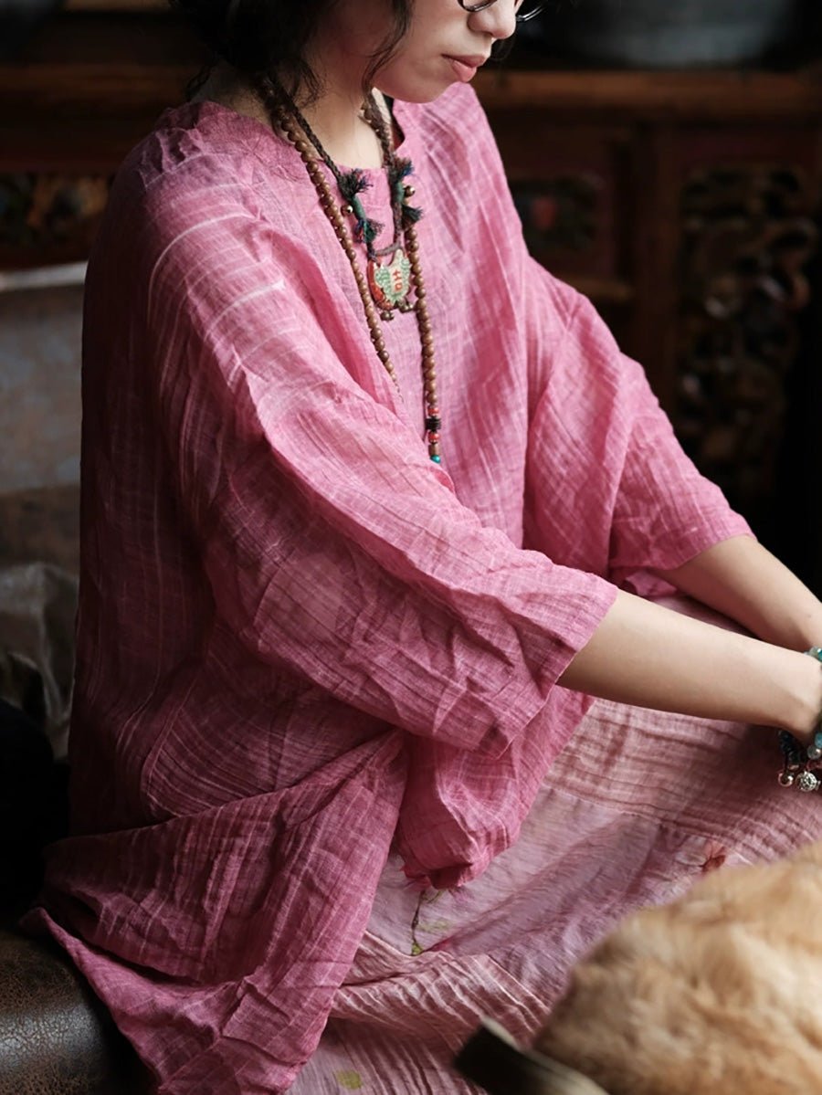 Women Summer Retro Plaid O-Neck Linen Shirt