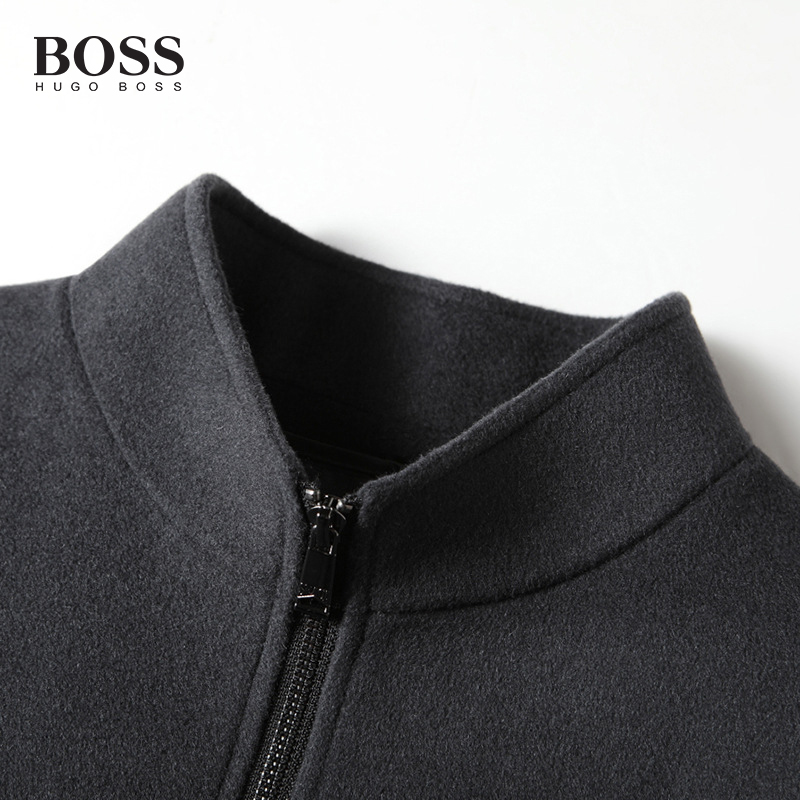 BOSS Luxury Men-s Stand Collar Detachable Handmade Wool Goose Down Lining Reversible Wool Casual Jacket