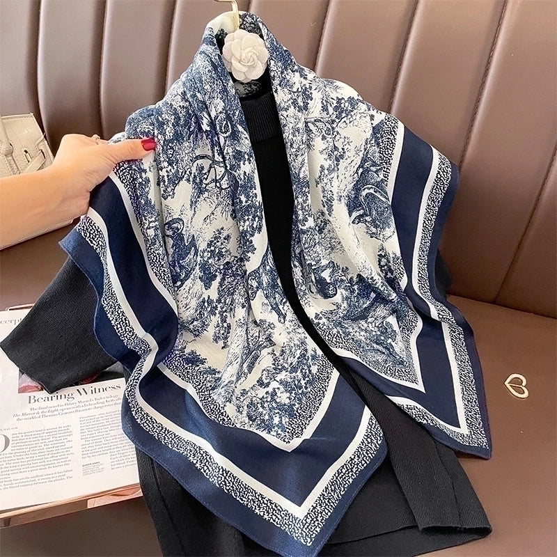 Women's Classical Square Flower Polyester Silk Scarf